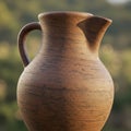A large, brown ceramic pitcher with a smooth, rounded body and a curved handle. The Royalty Free Stock Photo