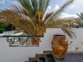 A large brown clay jug stands near a white wall against a background of palm tree leaves in Sharm El Sheikh Egypt. Beautiful