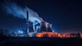 A large brown coal power station with night blue sky and steam, generative ai
