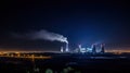 A large brown coal power station with night blue sky and steam, generative ai