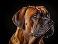 Large brown dog, likely mastiff or similar breed. It is looking directly at camera with its eyes open wide and its Royalty Free Stock Photo