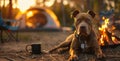 The large brown dog rests by the campfire on a spring evening. Pet-friendly campgrounds, camping with dogs in the Royalty Free Stock Photo