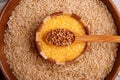 Collecting dry cereals. Buckwheat, rice, wheat in a large brown plate. Royalty Free Stock Photo