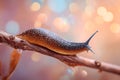 Large brown slug crawling slowly on tree branch with blurred light background Royalty Free Stock Photo