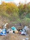 Large brown sofa, soft teddy bear are thrown out in trash heap in summer outdoors. Pollution of nature, environment, garbage. Poor