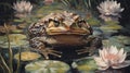 Large Brown Toad Among Pink Water Lilies in a Pond Royalty Free Stock Photo