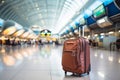 Large brown wheeled suitcase standing on the floor in the midst of modern international or domestic airport terminal Royalty Free Stock Photo