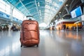 Large brown wheeled suitcase standing on the floor in the midst of modern international or domestic airport terminal Royalty Free Stock Photo