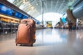 Large brown wheeled suitcase standing on the floor in the midst of modern international or domestic airport terminal Royalty Free Stock Photo