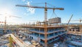 A large building is currently being constructed with the help of numerous cranes Royalty Free Stock Photo