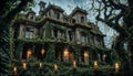 A Haunted Victorian Mansion in Overgrown Wilderness with ivy growing and a lot of candles in front of it