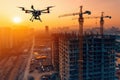 A large building under construction is captured as a small plane flies over it, A construction site with autonomous delivery Royalty Free Stock Photo