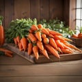 Large bunch of fresh carrots on table. Generative AI.