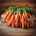 Large bunch of fresh carrots on table. Generative AI.