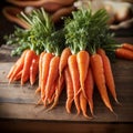 Large bunch of fresh carrots on table. Generative AI.