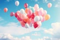 A large bunch of helium ballons straining on their strings against a sunny sky with white clouds