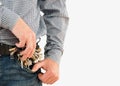 A large bunch of keys does not fit into a jeans pocket for a man Royalty Free Stock Photo