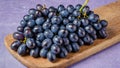 Large bunch of purple organic grapes on wooden cutting board. Ripe, delicious and healthy fresh fruits of autumn