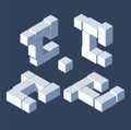 Large bundle letter c in isometric 3d style, build with white cubes with shadows. Vector collection