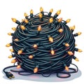 A large bundle of tangled string lights sits coiled, with each bulb glowing softly