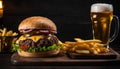 A large burger and fries with a glass of beer Royalty Free Stock Photo