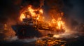 Large burning cargo ship tanker carrying oil in the sea