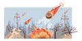 Large burning meteorites fall on the city vector flat illustration. Destroyed city buildings during natural disaster.
