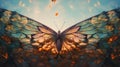 a large butterfly flying through the air with a blue sky in the backgrouund of it\'s wings and backgrounging