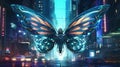 A large butterfly flying over a city at night. Generative AI image.