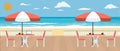 Large Cafe on the terrace near the seashore. Summer, Restaurant and travel concept banner. Vector illustration.