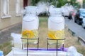 Large cans of natural lemonade with liquid nitrogen, dry ice Royalty Free Stock Photo