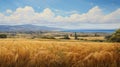 Sunny Greek Island: Vast Wheat Fields And Ocean In Realistic Oil Painting Royalty Free Stock Photo