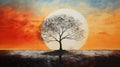 Supernatural Realism: Abstract Canvas Painting Of Tree And Sunset Royalty Free Stock Photo