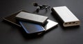 A large and capacious external battery - power bank with three line outputs lies next to three gadgets: a tablet and two