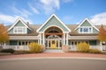 large cape cod with multiple gables and a grand entrance