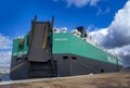 Large Car Carrier ship seen from the impressive stern of her docked in the port of the city of Vigo. Galicia, Spain. Royalty Free Stock Photo