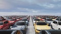 A large car parking lot filled with numerous colorful sedan vehicles,