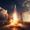 A large cargo rocket is launched from the launch pad