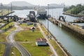 Cargo ship entering lock at Panama Canal Royalty Free Stock Photo