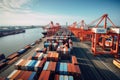 Large Cargo Ship Docked at Port, Commercial Vessel Unloading Goods From Overseas Destination, View of the port showing rows of Royalty Free Stock Photo