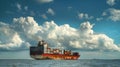 A large cargo ship floating on a body of water while transporting containers