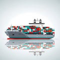 Massive container ship loaded with colorful cargo on reflective surface Royalty Free Stock Photo