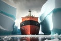 large cargo ship with help of icebreaker sails along icy road