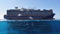 Large cargo ship loaded with containers above and a transparent underwater view revealing its Royalty Free Stock Photo