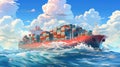 A large cargo ship in the middle of the ocean. Generative AI image.