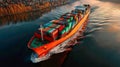 Large cargo ship with multicolored containers sailing at sunset, glowing water reflections and industrial atmosphere Royalty Free Stock Photo