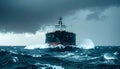Large cargo ship navigating through rough dark blue waters under stormy cloudy sky Royalty Free Stock Photo