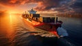 Large cargo ship near coastline with beautiful sunset, AI Generated