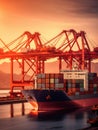 Large cargo ship, possibly container ship, traveling through water. It is positioned in front of bridge and next to some mountains