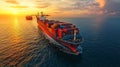 Large cargo ship sailing at sunset, loaded with colorful containers, reflecting on water. second ship is visible in background, Royalty Free Stock Photo